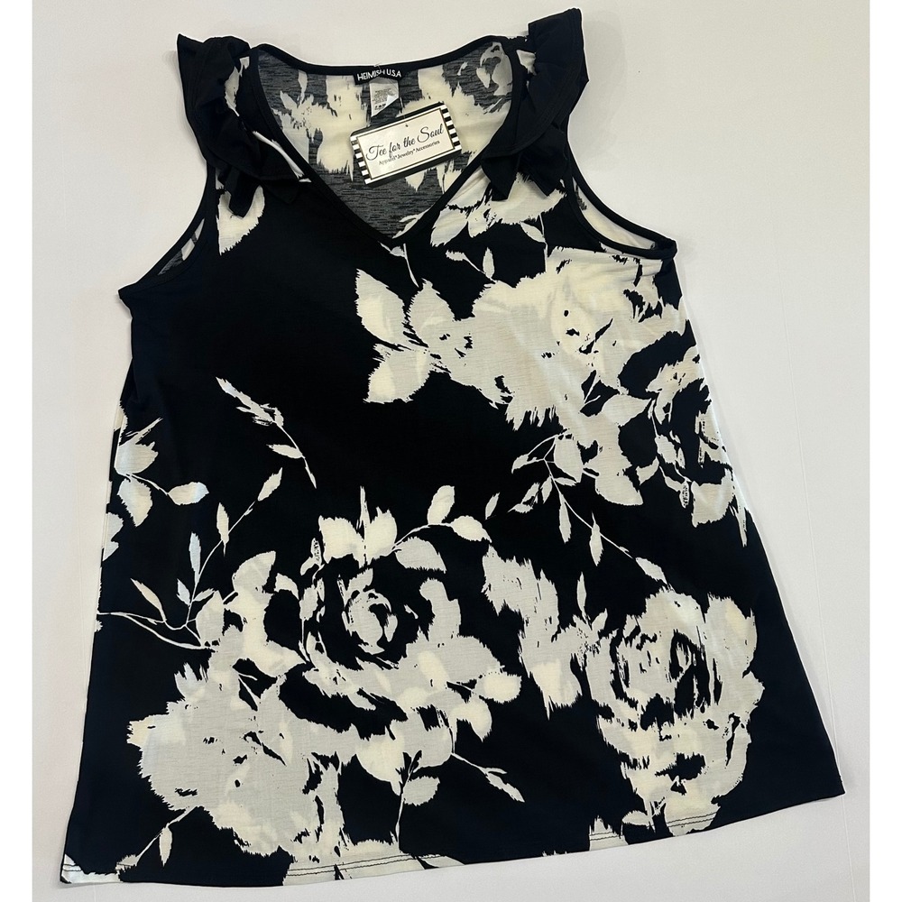Heimish USA Women Black Ivory Floral V Neck Ruffle Shoulder Tank Top ST2212-13 M